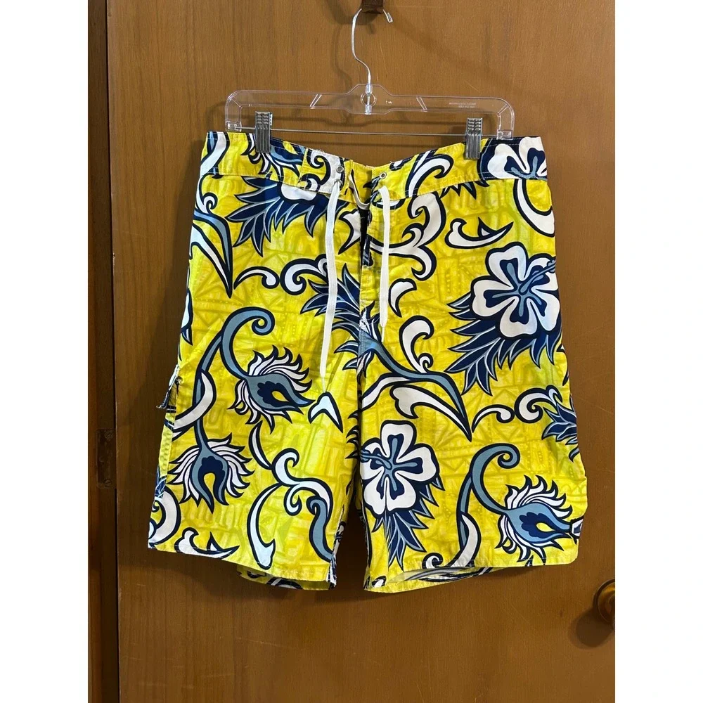 Quiksilver Board Shorts Mens 34‎ Yellow Floral Swim Trunks Surf Beach
